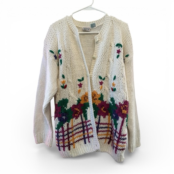 Vintage Sweaters - Vintage 80’s/90’s Haband for Her Cream Cardigan with Floral Patterns XL